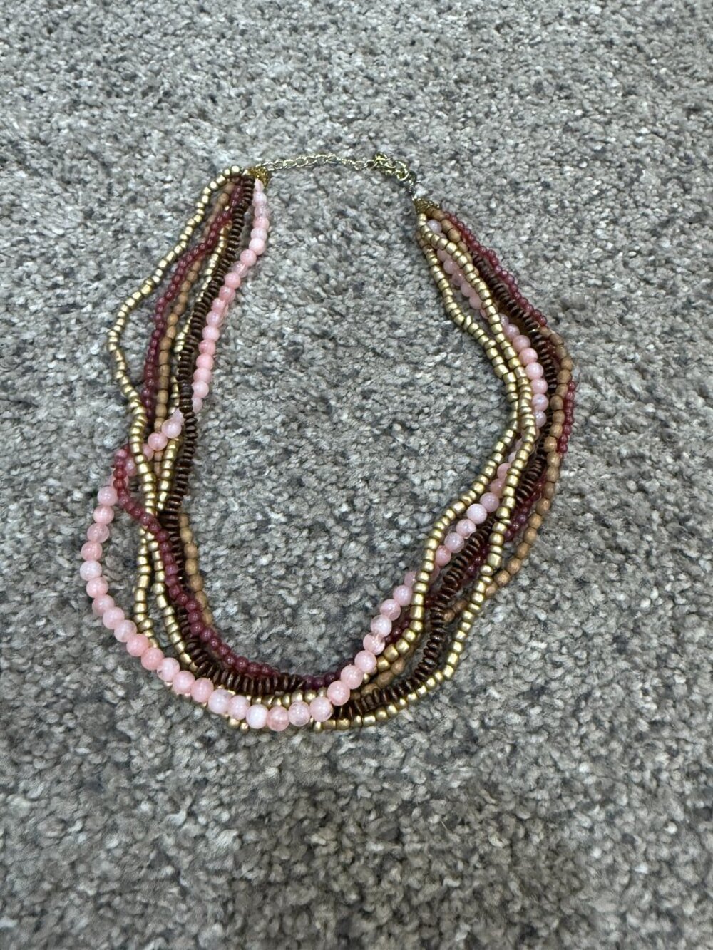 Pink Brown Gold Multi-Strand Beaded Necklace 9" Layered Statement